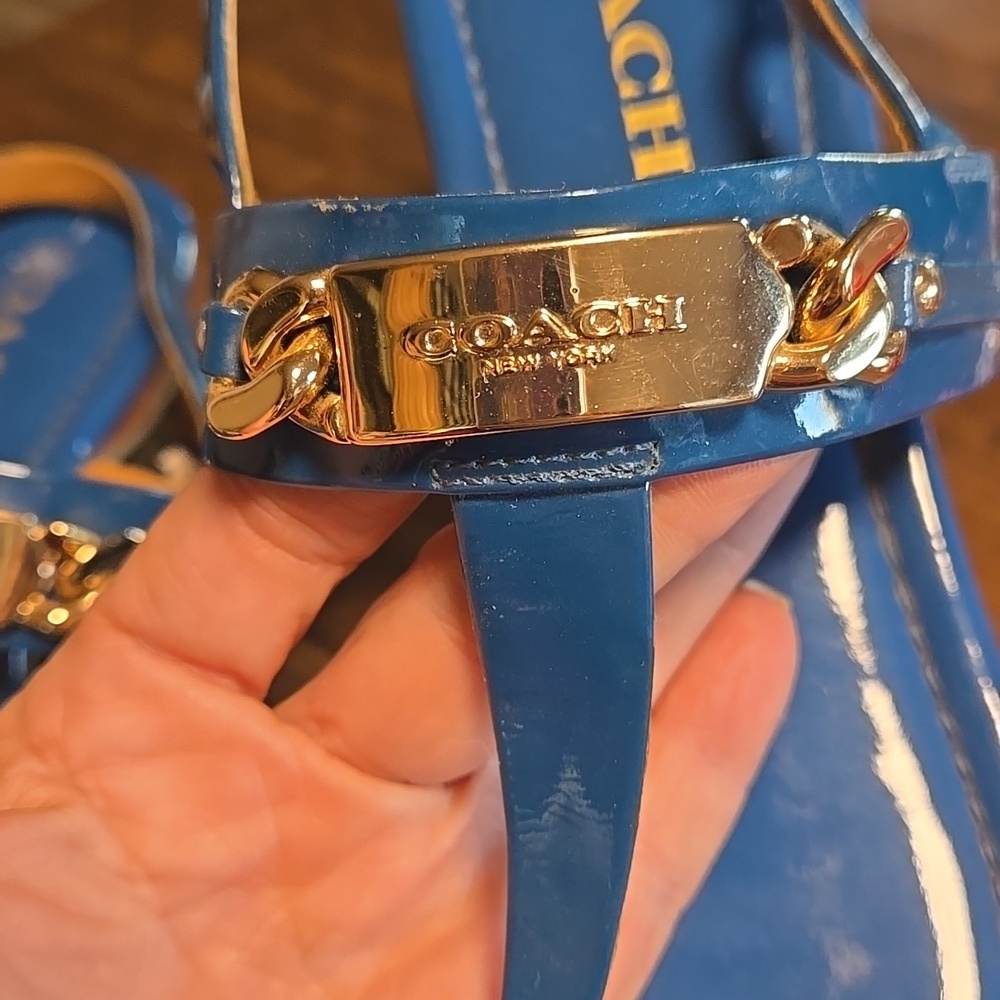 Coach Caterine Patent Leather Sandals Blue And Gold Logo Size 7 - Picture 7 of 9